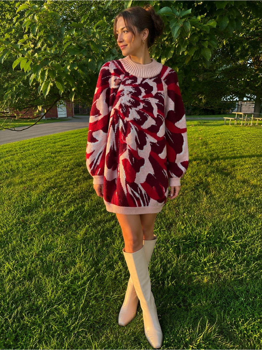 FARM Rio Pink and Red Abstract Knit Turtleneck Sweater Dress